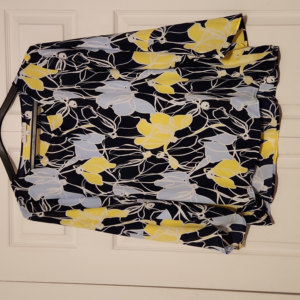 Chaus New York Sheer Fliwing Blouse Navy with Floral Print - XL